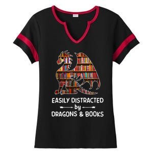 Easily Distracted By Dragons And Books Nerd Dragon Ladies Halftime Notch Neck Tee