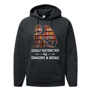 Easily Distracted By Dragons And Books Nerd Dragon Performance Fleece Hoodie