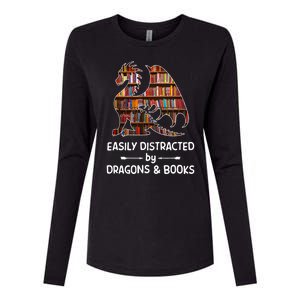 Easily Distracted By Dragons And Books Nerd Dragon Womens Cotton Relaxed Long Sleeve T-Shirt