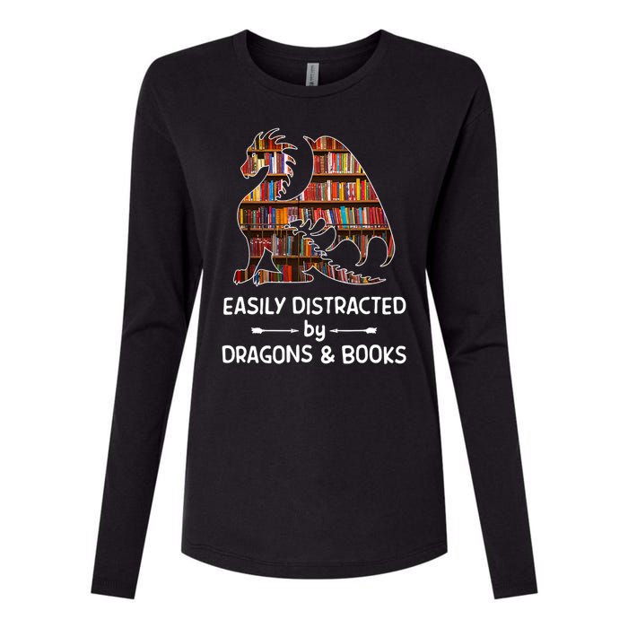 Easily Distracted By Dragons And Books Nerd Dragon Womens Cotton Relaxed Long Sleeve T-Shirt