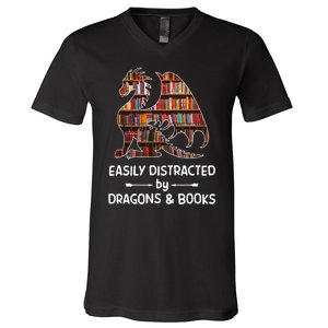 Easily Distracted By Dragons And Books Nerd Dragon V-Neck T-Shirt