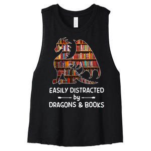 Easily Distracted By Dragons And Books Nerd Dragon Women's Racerback Cropped Tank