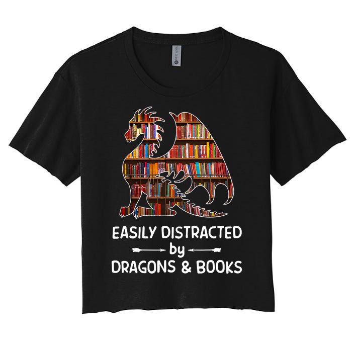 Easily Distracted By Dragons And Books Nerd Dragon Women's Crop Top Tee