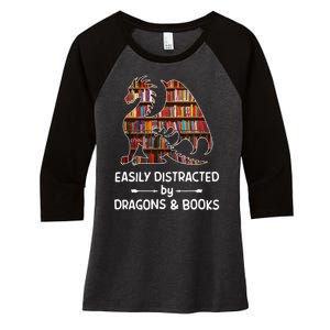 Easily Distracted By Dragons And Books Nerd Dragon Women's Tri-Blend 3/4-Sleeve Raglan Shirt