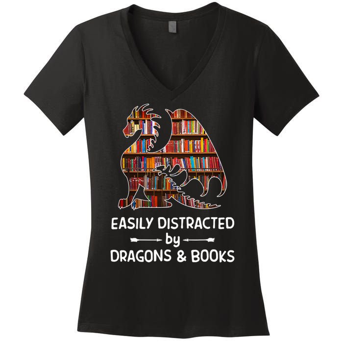 Easily Distracted By Dragons And Books Nerd Dragon Women's V-Neck T-Shirt