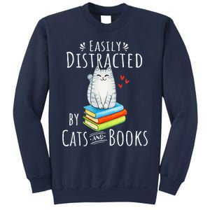 Easily Distracted By Cats And Books Funny Cat & Book Lover Sweatshirt