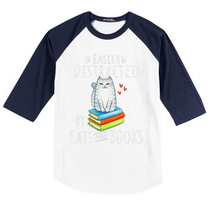 Easily Distracted By Cats And Books Funny Cat & Book Lover Baseball Sleeve Shirt