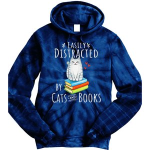 Easily Distracted By Cats And Books Funny Cat & Book Lover Tie Dye Hoodie