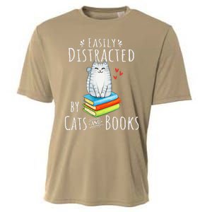 Easily Distracted By Cats And Books Funny Cat & Book Lover Cooling Performance Crew T-Shirt