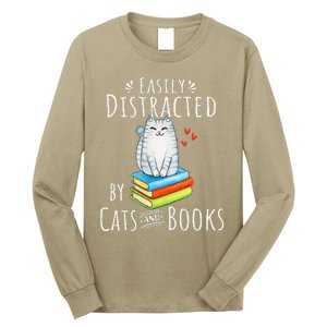 Easily Distracted By Cats And Books Funny Cat & Book Lover Long Sleeve Shirt