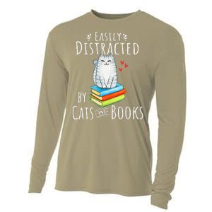 Easily Distracted By Cats And Books Funny Cat & Book Lover Cooling Performance Long Sleeve Crew