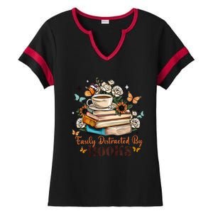 Easily Distracted By Books Bookworm Book Lover Ladies Halftime Notch Neck Tee