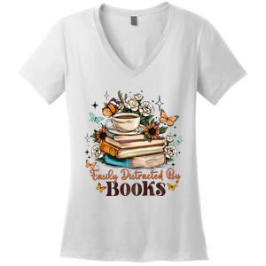 Easily Distracted By Books Bookworm Book Lover Women's V-Neck T-Shirt