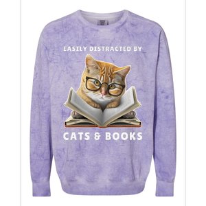 Easily Distracted By Cats And Books Cat Book Lover Club Colorblast Crewneck Sweatshirt