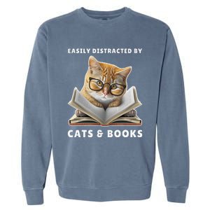 Easily Distracted By Cats And Books Cat Book Lover Club Garment-Dyed Sweatshirt