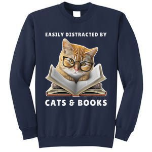 Easily Distracted By Cats And Books Cat Book Lover Club Sweatshirt