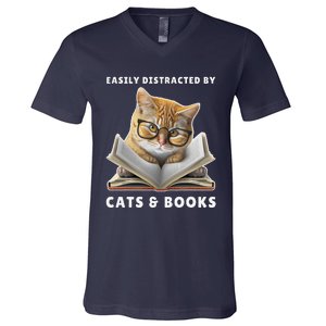 Easily Distracted By Cats And Books Cat Book Lover Club V-Neck T-Shirt