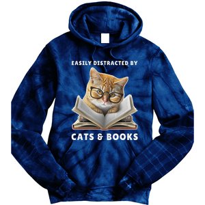 Easily Distracted By Cats And Books Cat Book Lover Club Tie Dye Hoodie