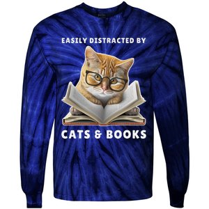 Easily Distracted By Cats And Books Cat Book Lover Club Tie-Dye Long Sleeve Shirt