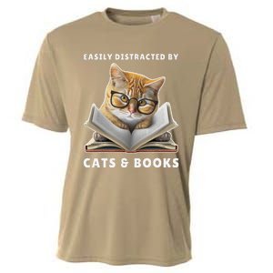 Easily Distracted By Cats And Books Cat Book Lover Club Cooling Performance Crew T-Shirt