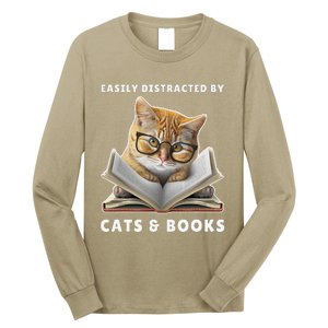 Easily Distracted By Cats And Books Cat Book Lover Club Long Sleeve Shirt