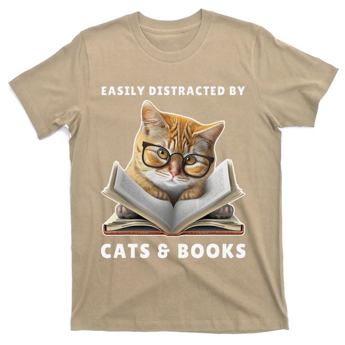 Easily Distracted By Cats And Books Cat Book Lover Club T-Shirt