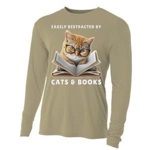 Easily Distracted By Cats And Books Cat Book Lover Club Cooling Performance Long Sleeve Crew