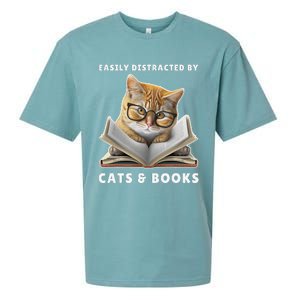 Easily Distracted By Cats And Books Cat Book Lover Club Sueded Cloud Jersey T-Shirt