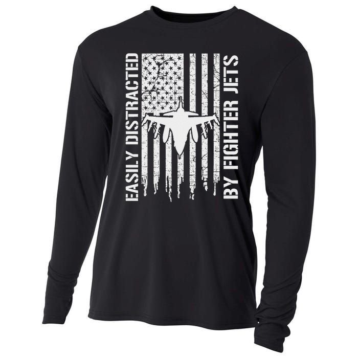 Easily Distracted By Fighter Jets American Flag Patriotic Cooling Performance Long Sleeve Crew