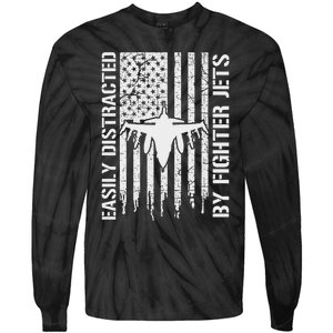 Easily Distracted By Fighter Jets American Flag Patriotic Tie-Dye Long Sleeve Shirt