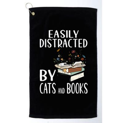 Easily Distracted By Cats And Books Funny Cat & Book Lover Platinum Collection Golf Towel