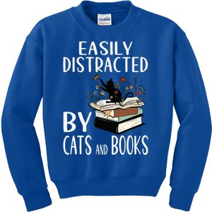 Easily Distracted By Cats And Books Funny Cat & Book Lover Kids Sweatshirt