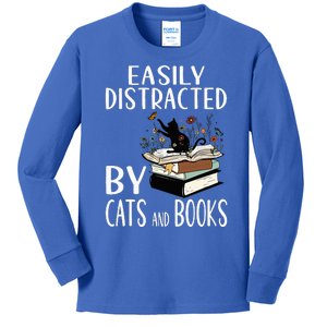 Easily Distracted By Cats And Books Funny Cat & Book Lover Kids Long Sleeve Shirt