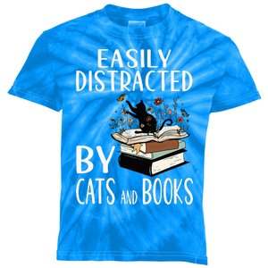 Easily Distracted By Cats And Books Funny Cat & Book Lover Kids Tie-Dye T-Shirt