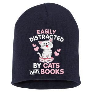 Easily Distracted By Cats And Books Cute Cat Book Lover Short Acrylic Beanie