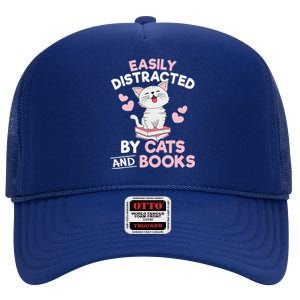 Easily Distracted By Cats And Books Cute Cat Book Lover High Crown Mesh Back Trucker Hat