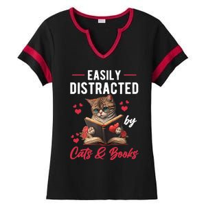 Easily Distracted by Cats and Books Cat & Book Lover Funny Ladies Halftime Notch Neck Tee