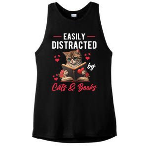 Easily Distracted by Cats and Books Cat & Book Lover Funny Ladies PosiCharge Tri-Blend Wicking Tank