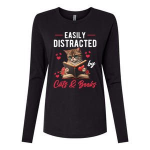 Easily Distracted by Cats and Books Cat & Book Lover Funny Womens Cotton Relaxed Long Sleeve T-Shirt