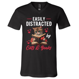 Easily Distracted by Cats and Books Cat & Book Lover Funny V-Neck T-Shirt