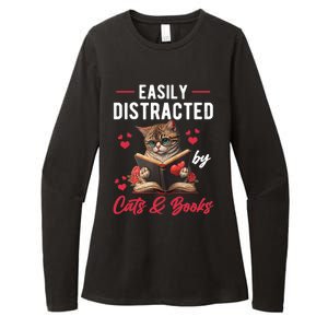 Easily Distracted by Cats and Books Cat & Book Lover Funny Womens CVC Long Sleeve Shirt