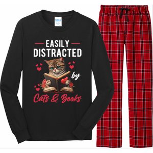 Easily Distracted by Cats and Books Cat & Book Lover Funny Long Sleeve Pajama Set