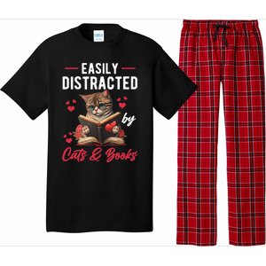 Easily Distracted by Cats and Books Cat & Book Lover Funny Pajama Set