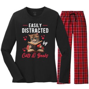 Easily Distracted by Cats and Books Cat & Book Lover Funny Women's Long Sleeve Flannel Pajama Set 