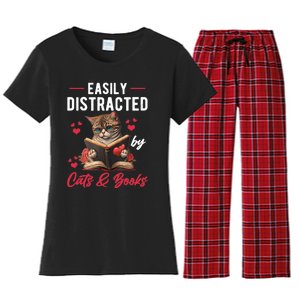 Easily Distracted by Cats and Books Cat & Book Lover Funny Women's Flannel Pajama Set