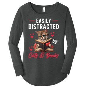 Easily Distracted by Cats and Books Cat & Book Lover Funny Women's Perfect Tri Tunic Long Sleeve Shirt