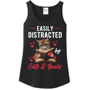 Easily Distracted by Cats and Books Cat & Book Lover Funny Ladies Essential Tank