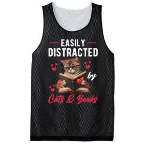 Easily Distracted by Cats and Books Cat & Book Lover Funny Mesh Reversible Basketball Jersey Tank