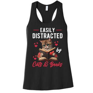 Easily Distracted by Cats and Books Cat & Book Lover Funny Women's Racerback Tank