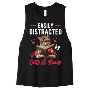 Easily Distracted by Cats and Books Cat & Book Lover Funny Women's Racerback Cropped Tank